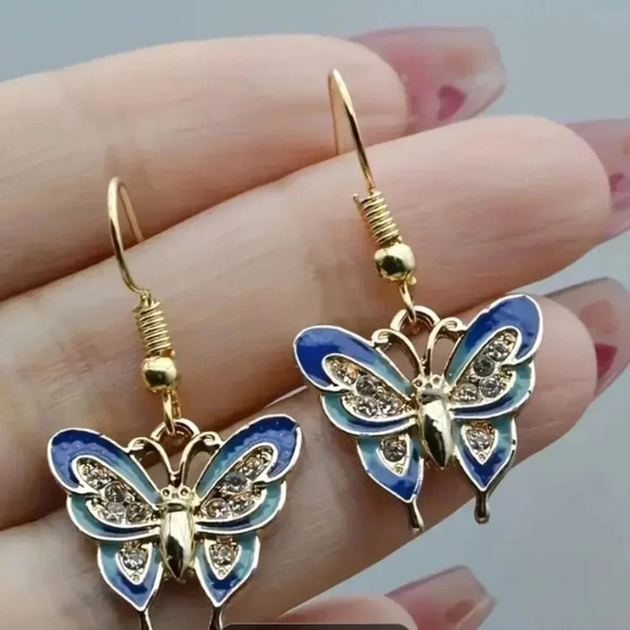 Beautiful Blue Butterfly Metallic Enamel Dangle Goldtoned Fashion Earrings - Picture 1 of 3